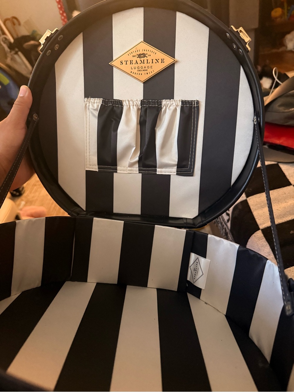 Women's Black and White Striped Round Travel Hat Box